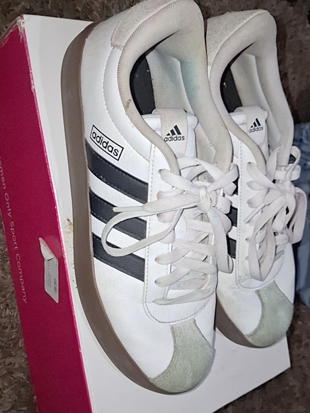 adidas Men’s White Sneakers with Black Stripes and Brown Sole